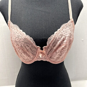 Victoria's Secret Bra Peachy Pink Lacy Semi-Sheer Lightly Lined 34D